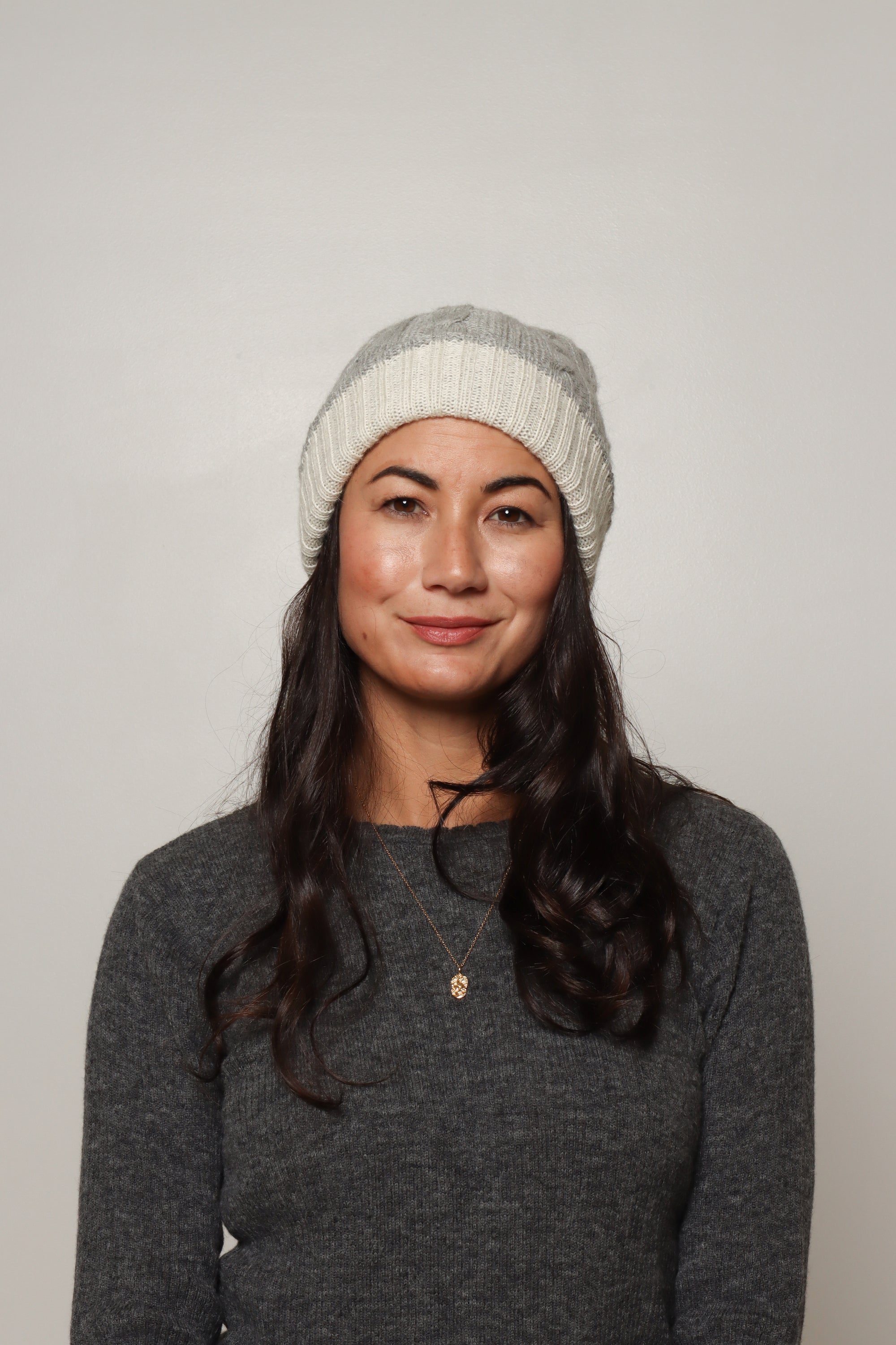 baby alpaca hand knit beanie white and grey#colour_white-and-light-grey