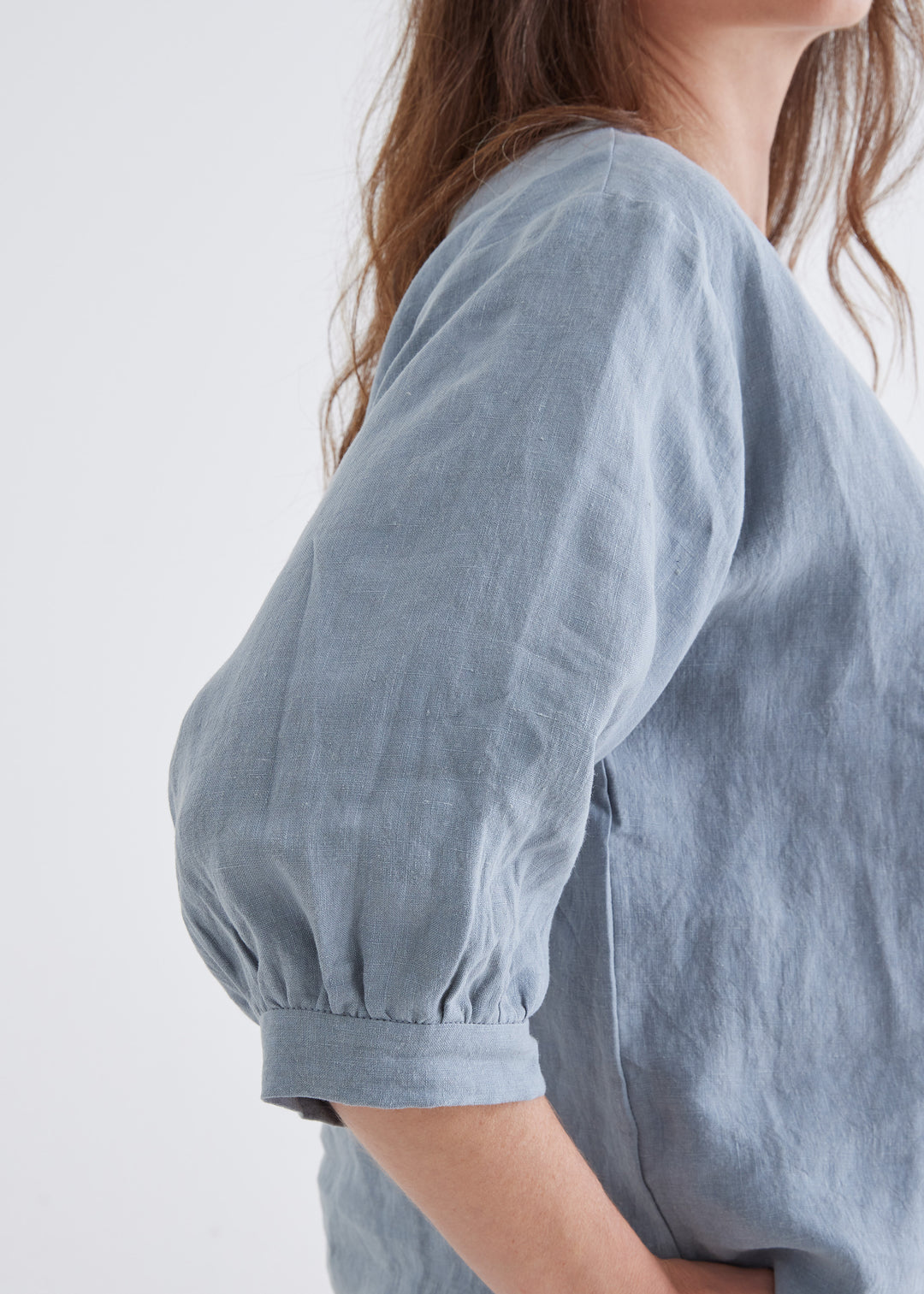 three quarter sleeve linen top made in melbourne#dove-blue