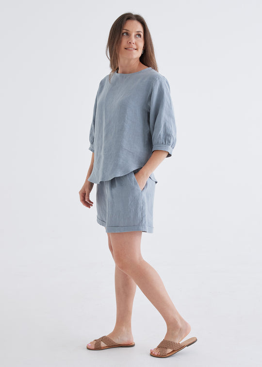 half length sleeve linen top for women#dove-blue