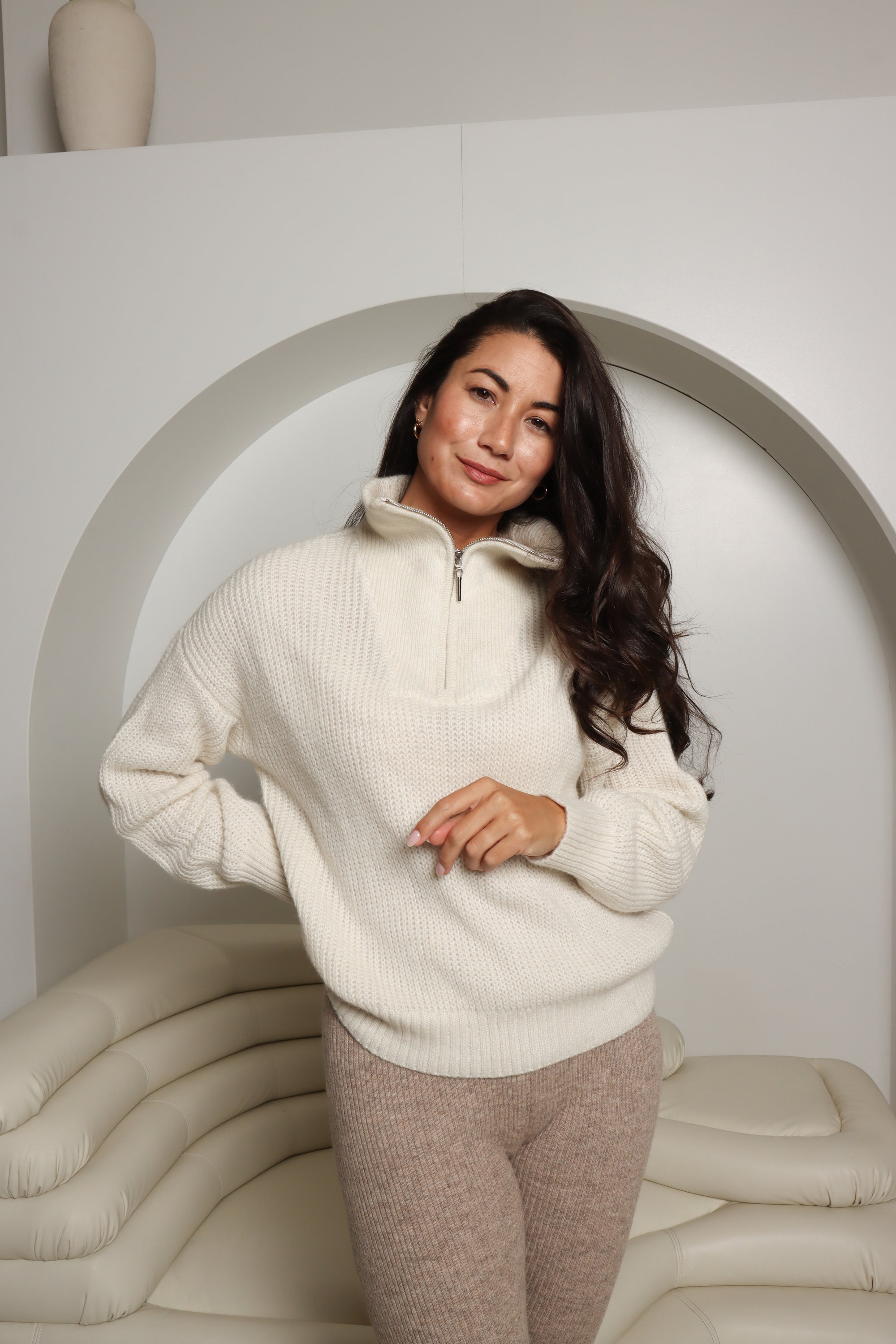 womens white half zip alpaca jumper#colour_white