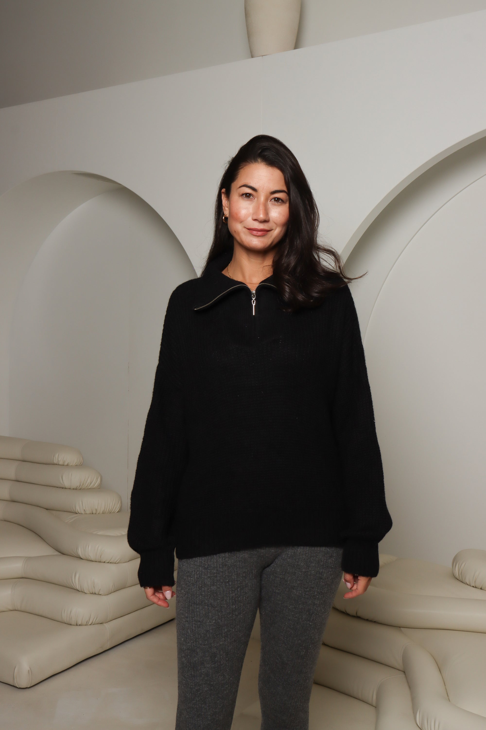 black alpaca sweater half zip neck