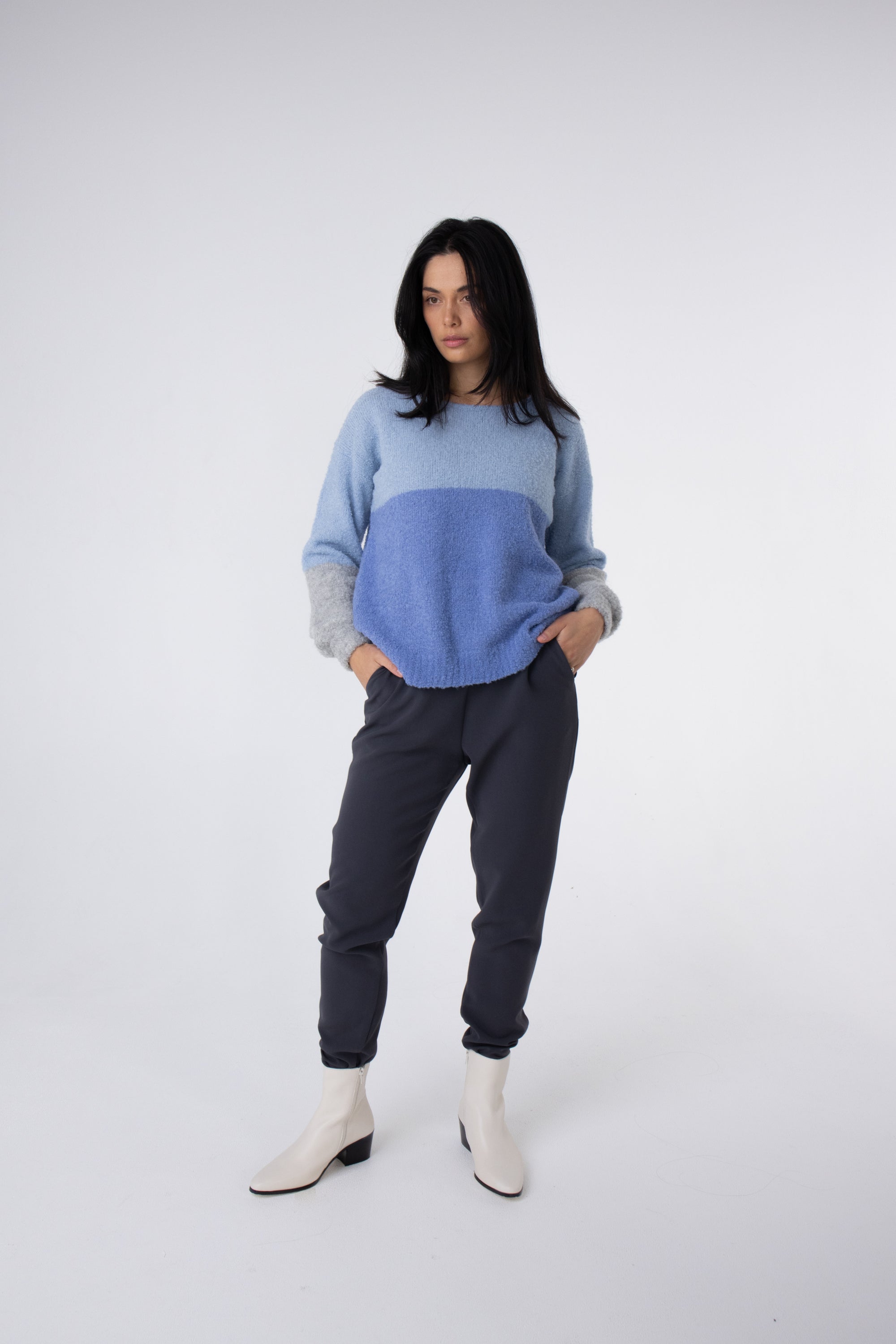 blue colour clock jumper with bell sleeves