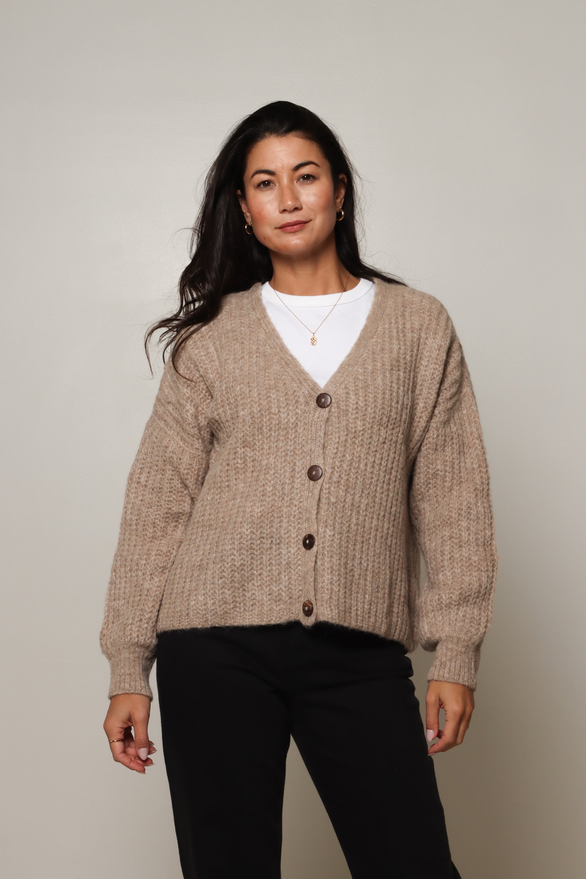 buy beige alpaca v neck cardigan for women#colour_fawn