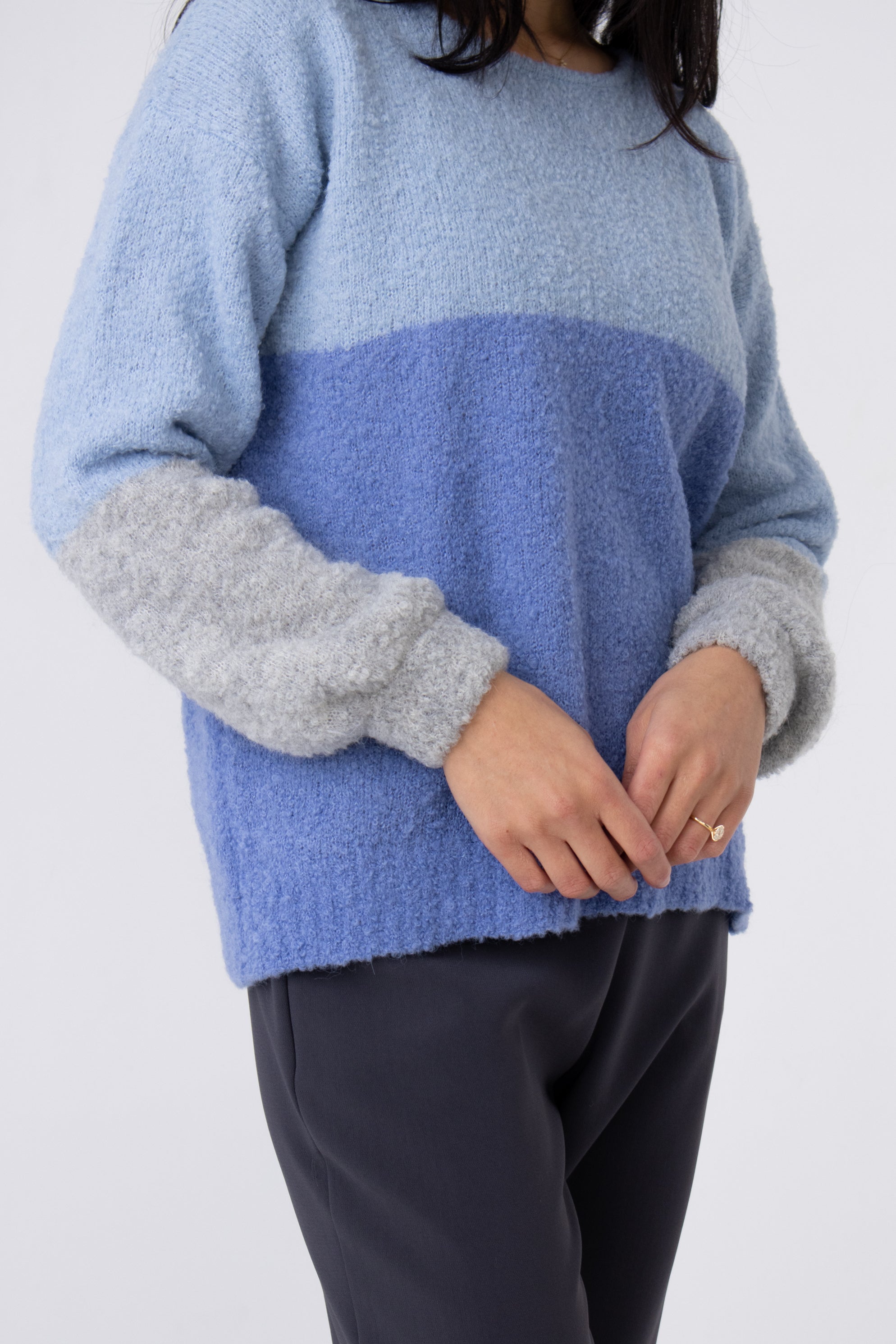buy blue round neck boucle jumper