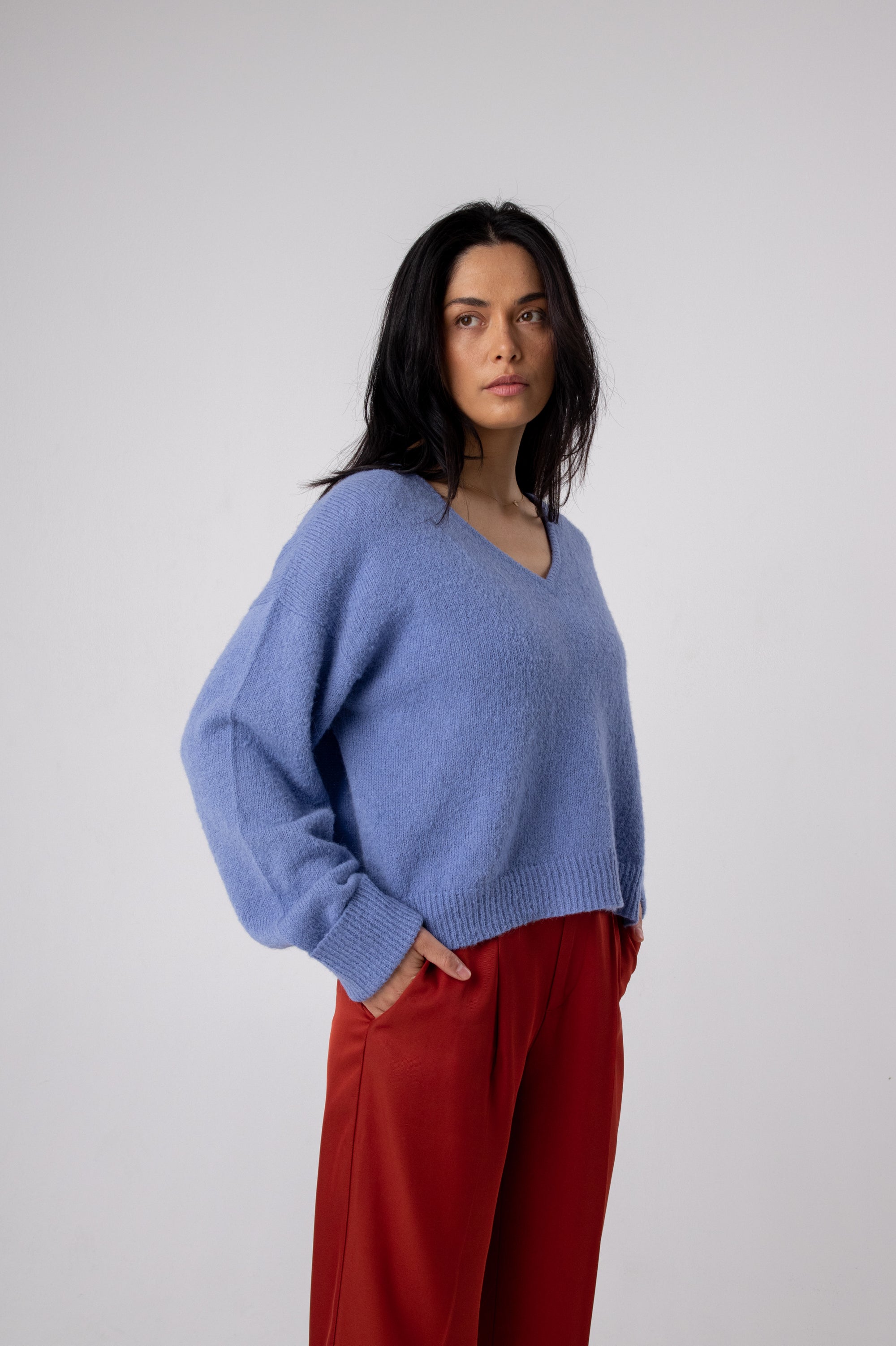ethically made blue v neck alpaca jumper