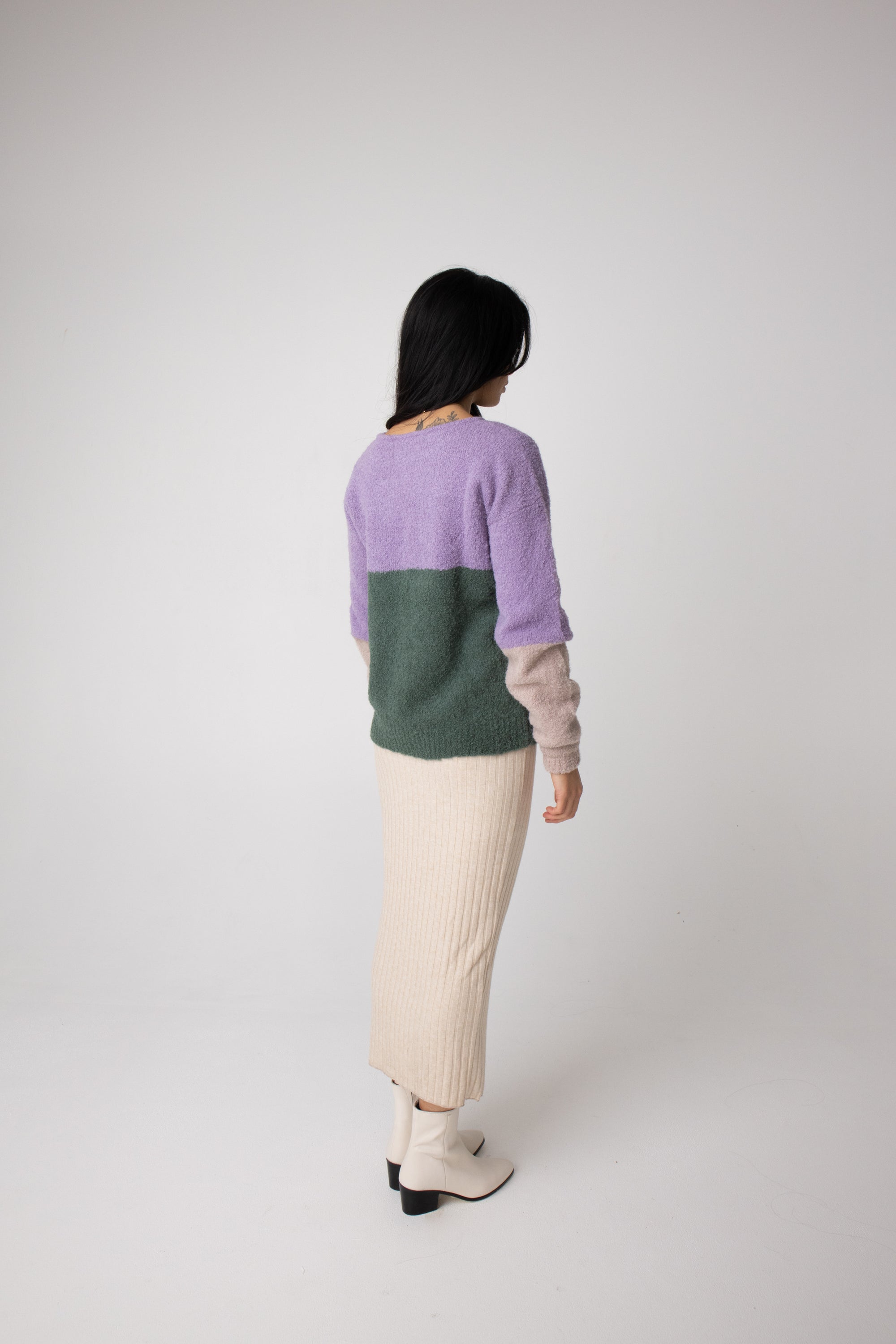 lilac and green colour block bell sleeve jumper