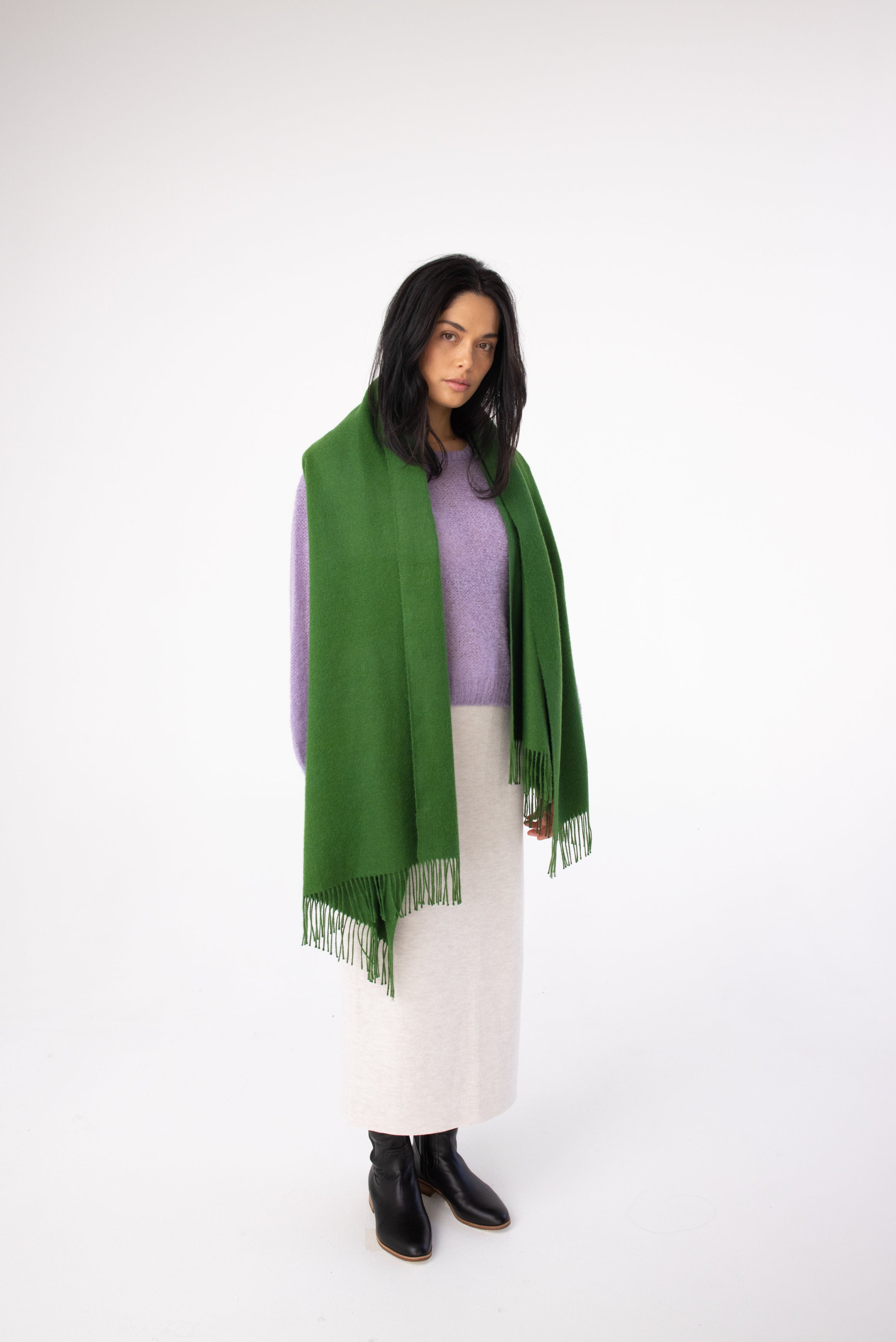 natural fibre large green alpaca scarf#colour_midnight-moss
