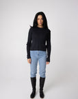 round neck ribbed black alpaca long sleeve top for winter