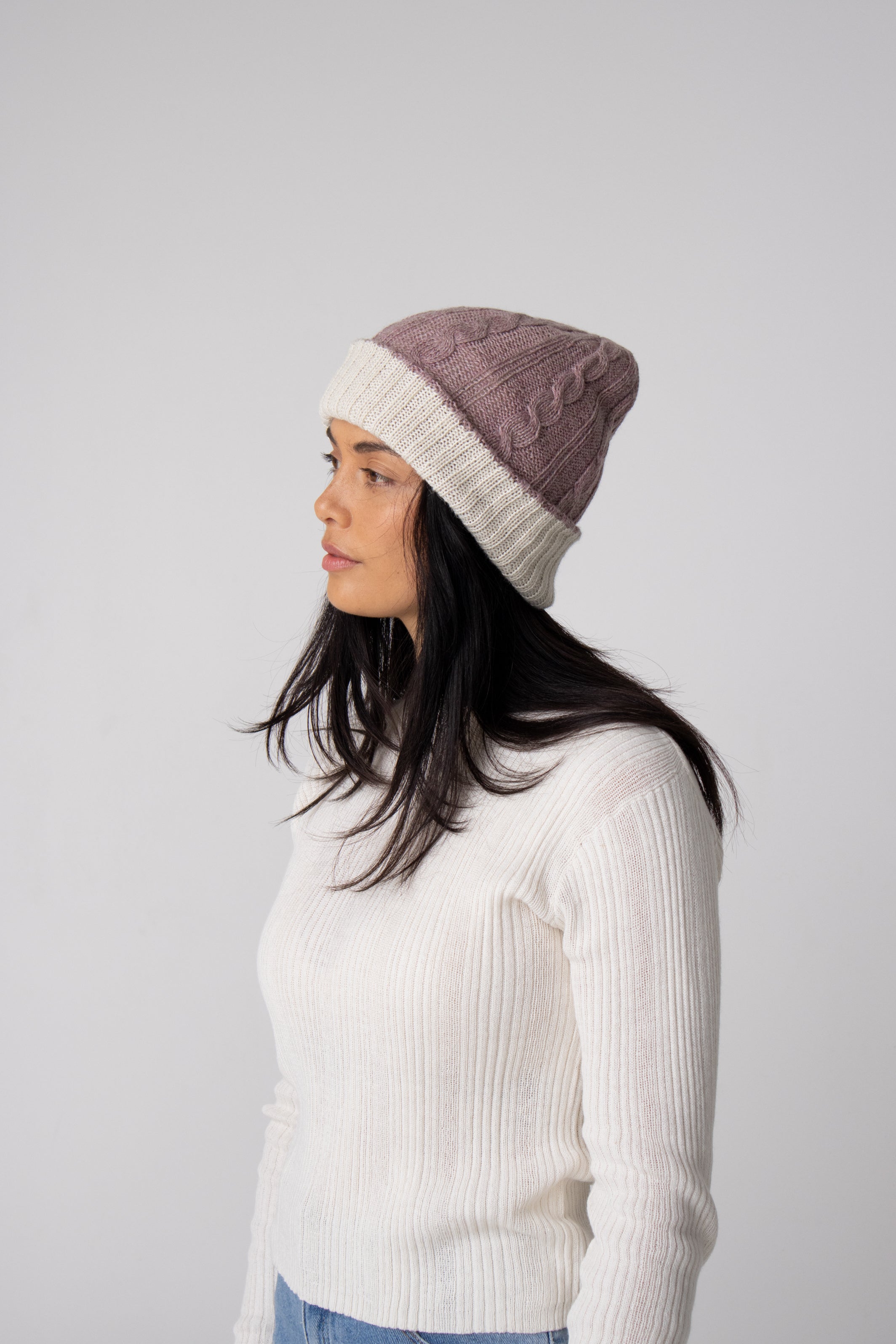 white cable knit alpaca beanie#colour_pink-and-white