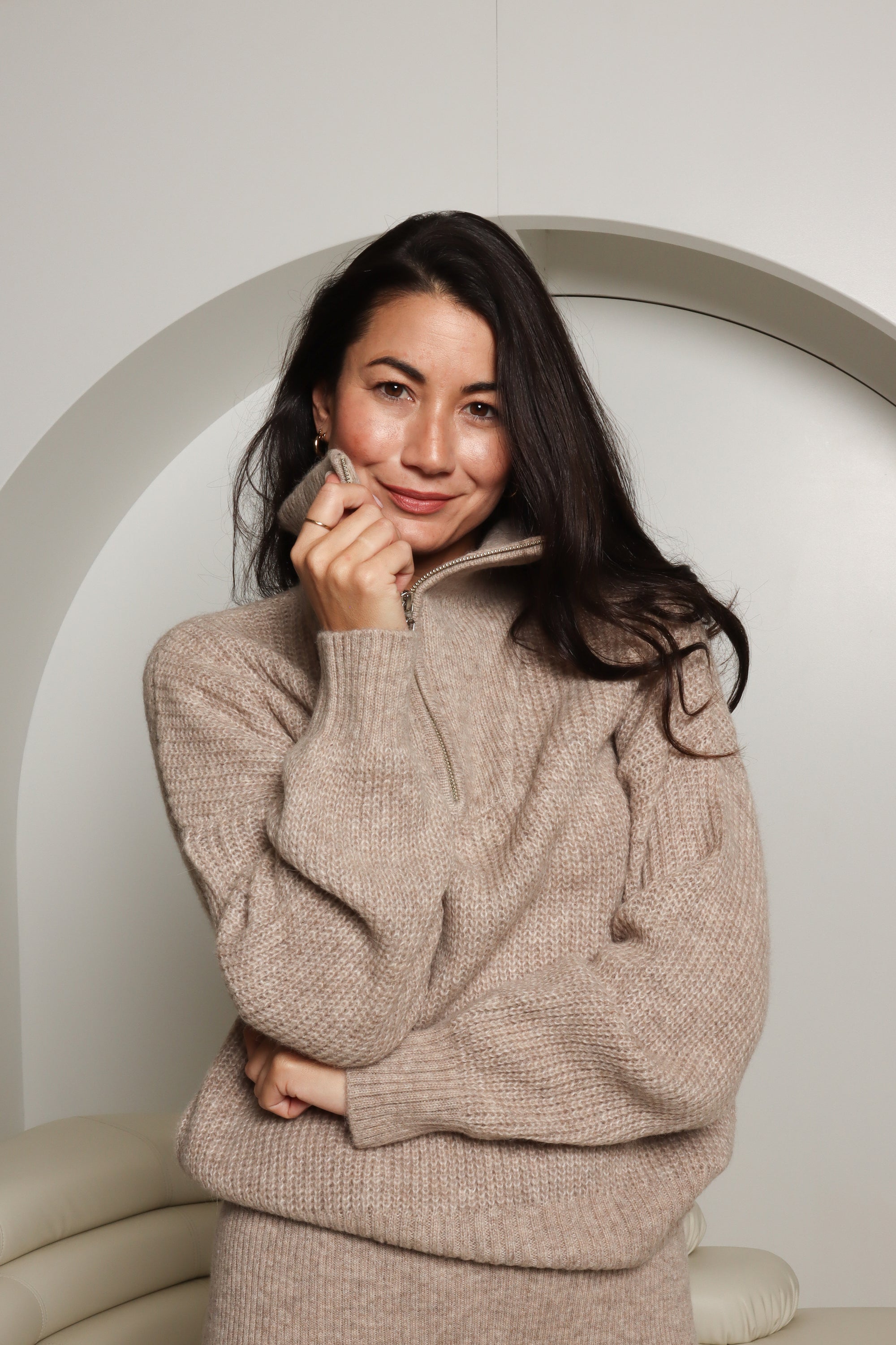 womens beige zip neck alpaca jumper