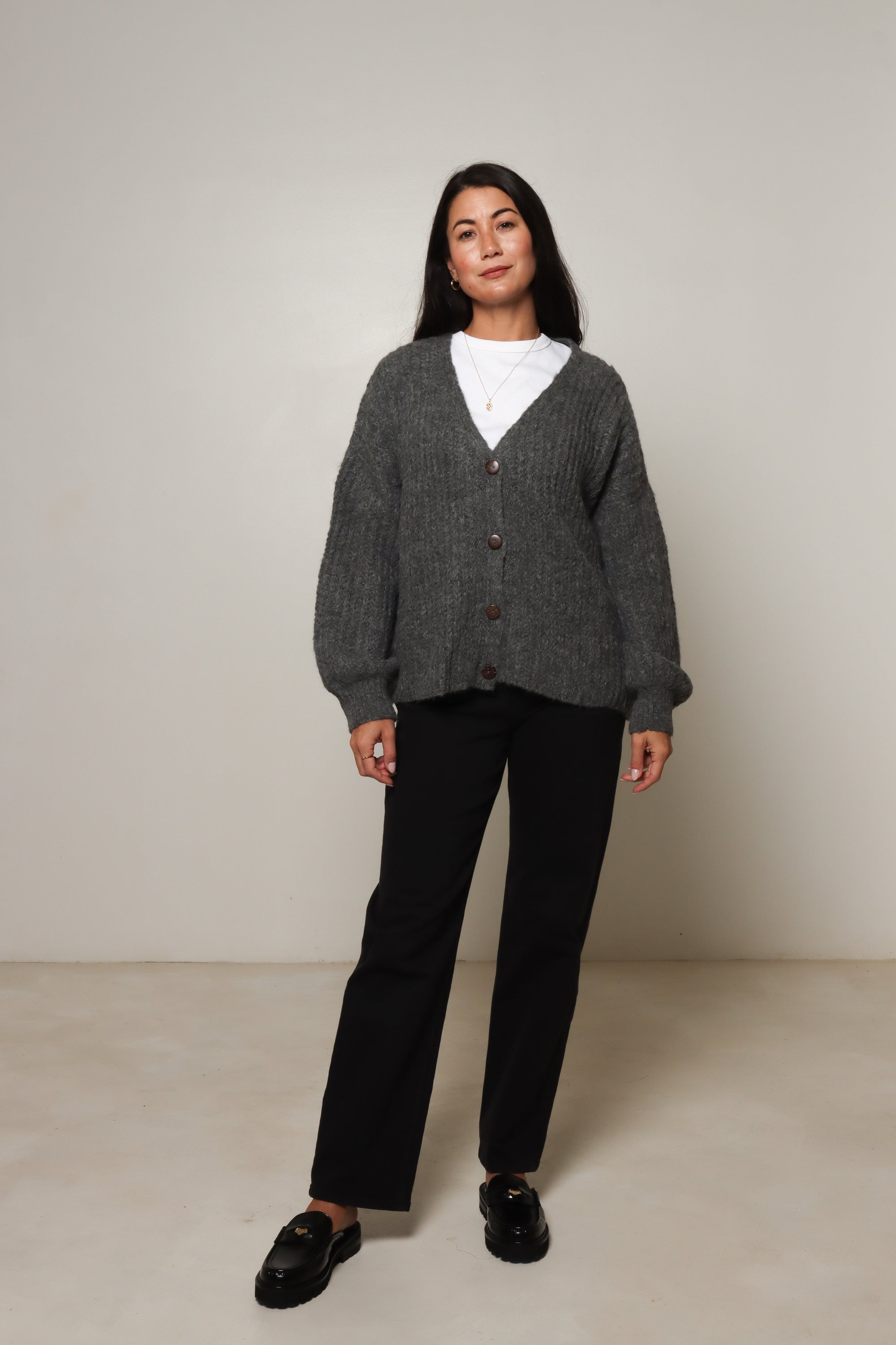 womens charcoal v neck cardigan