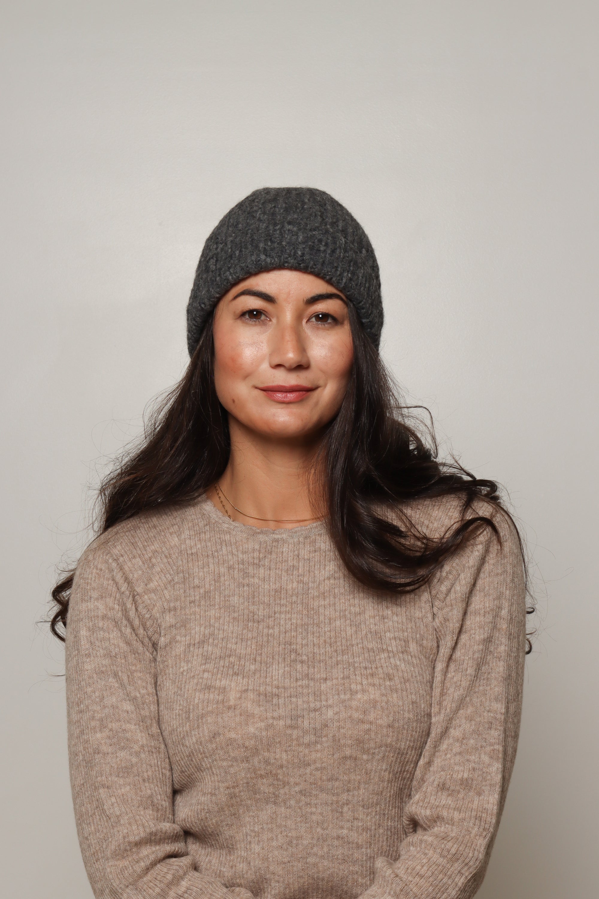 womens hand knitted alpaca beanie dark grey