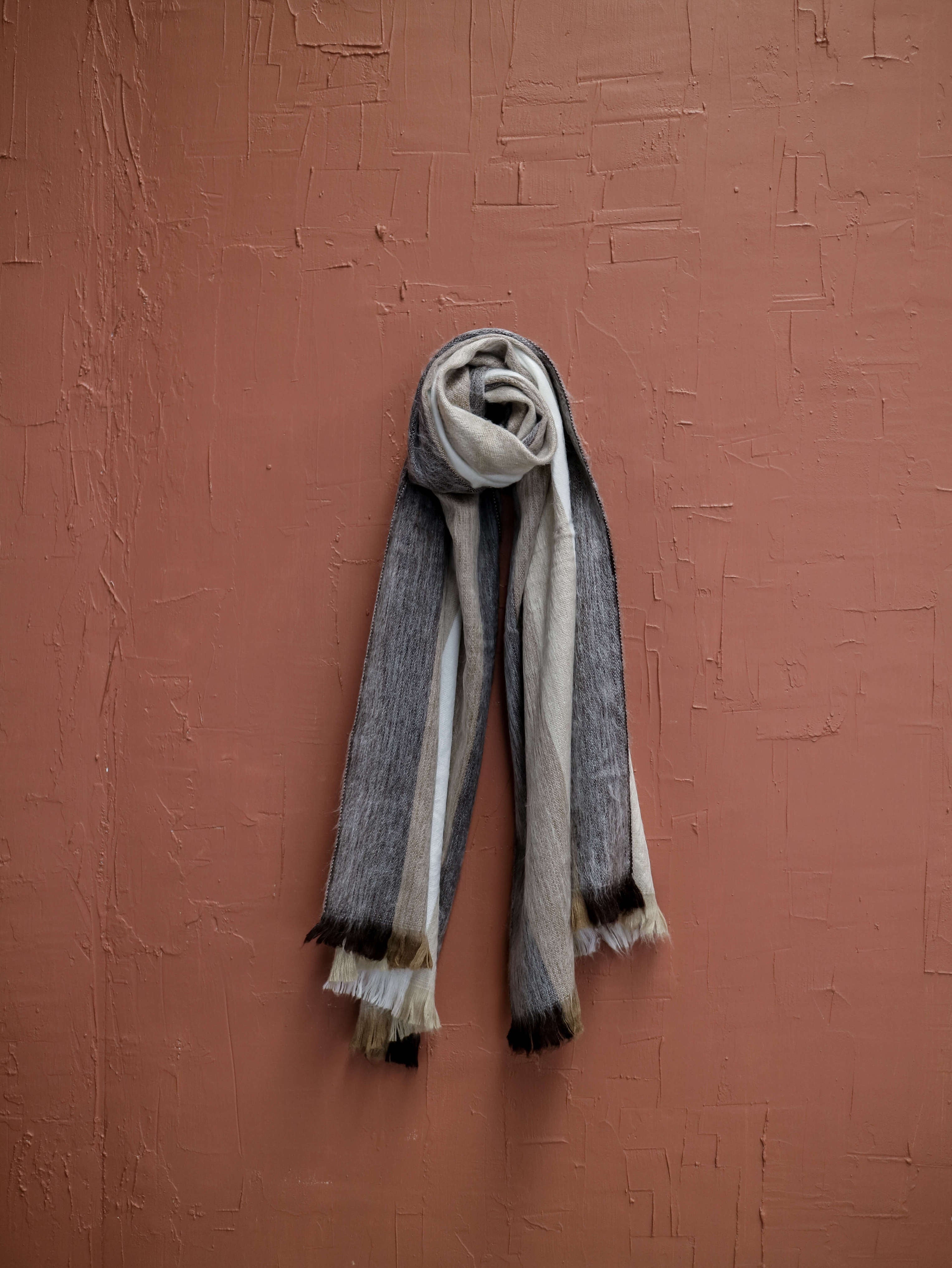 ethically made stripe alpaca scarf#colour_natural-stripes