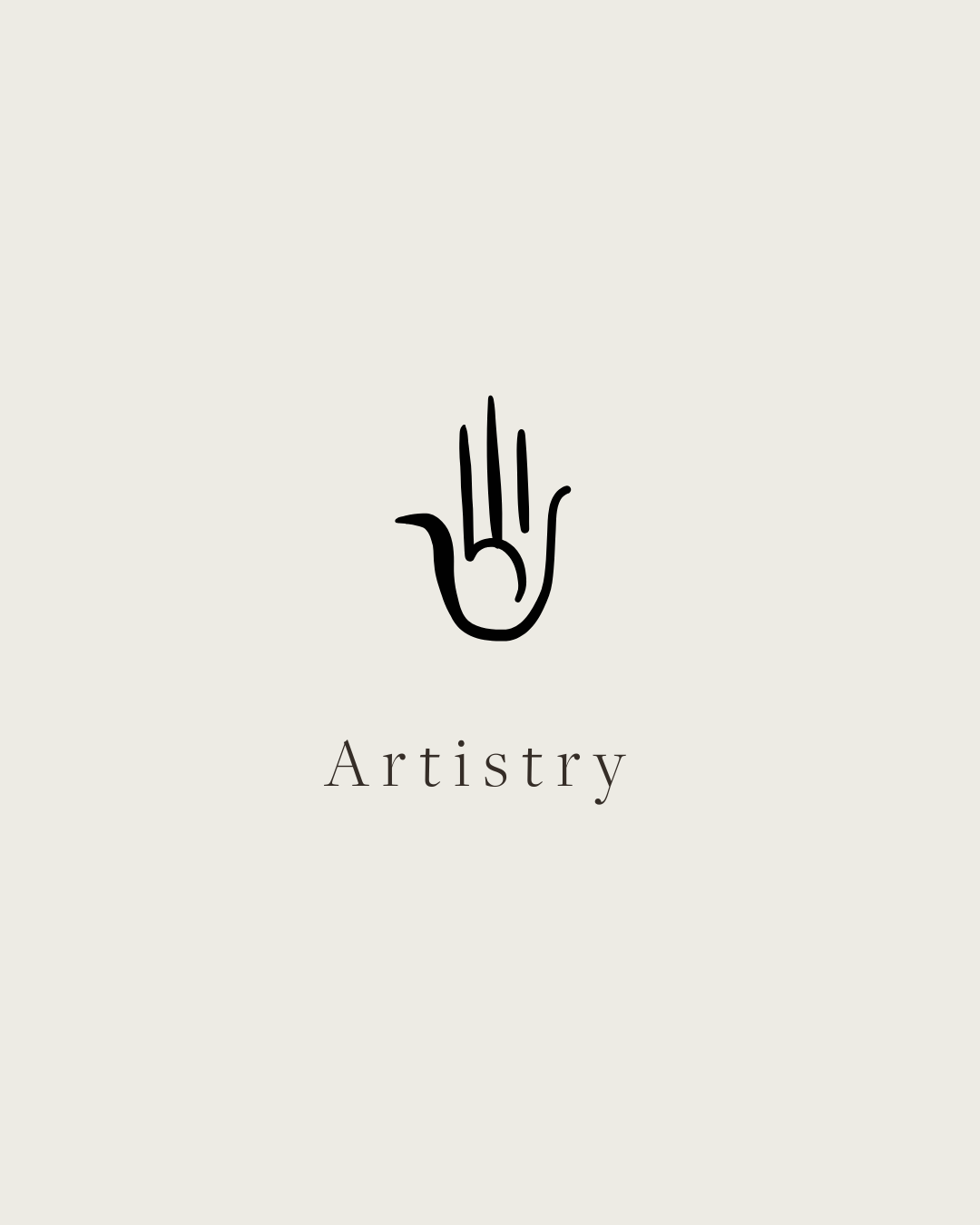 Minimalist black hand illustration with 'Artistry' text on beige background