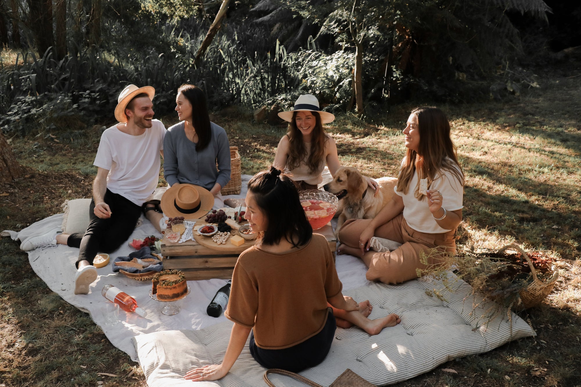 Group of friends enjoying outdoor picnic on blanket with food, drinks, and a dog in park