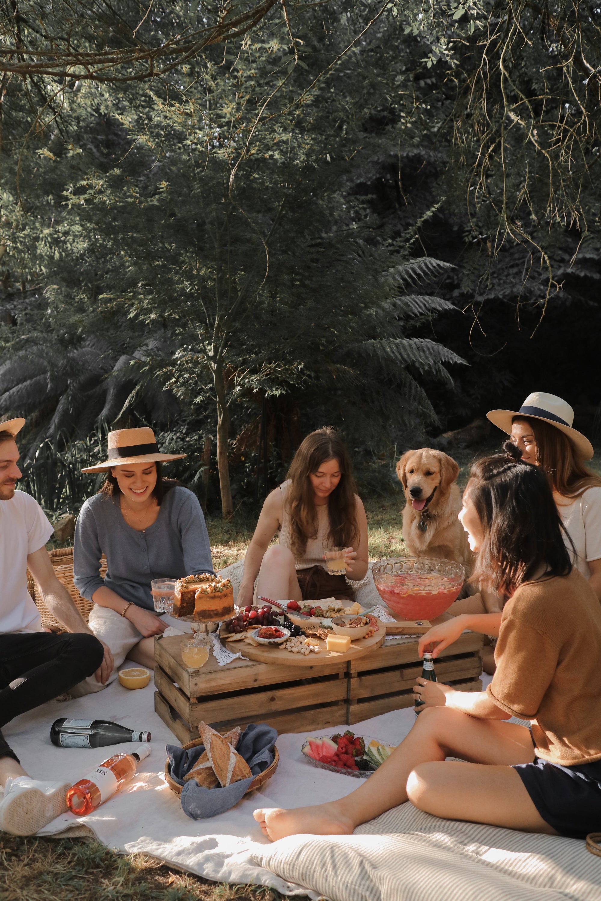 Friends enjoying a spring picnic outdoors with snacks, drinks, and a dog on a blanket.
