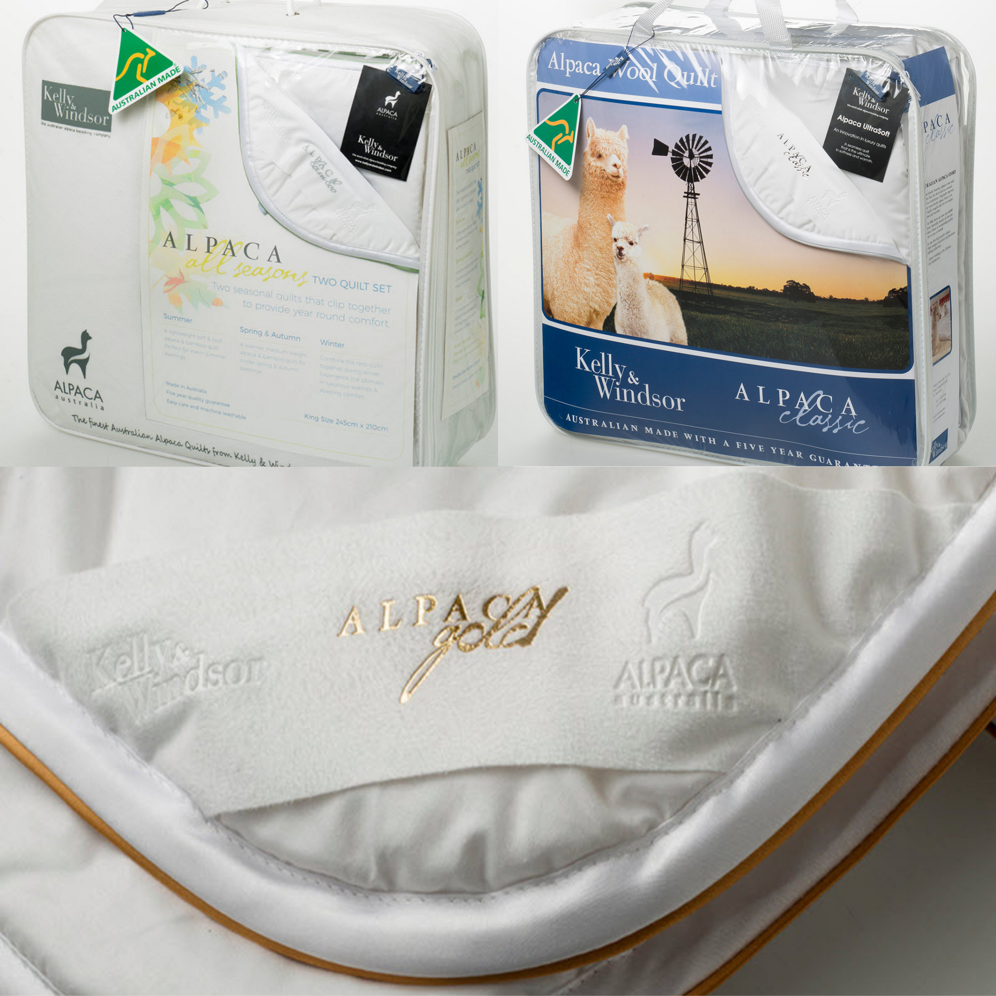 Australian made alpaca wool quilt bedding sets in white packaging with gold trim detail