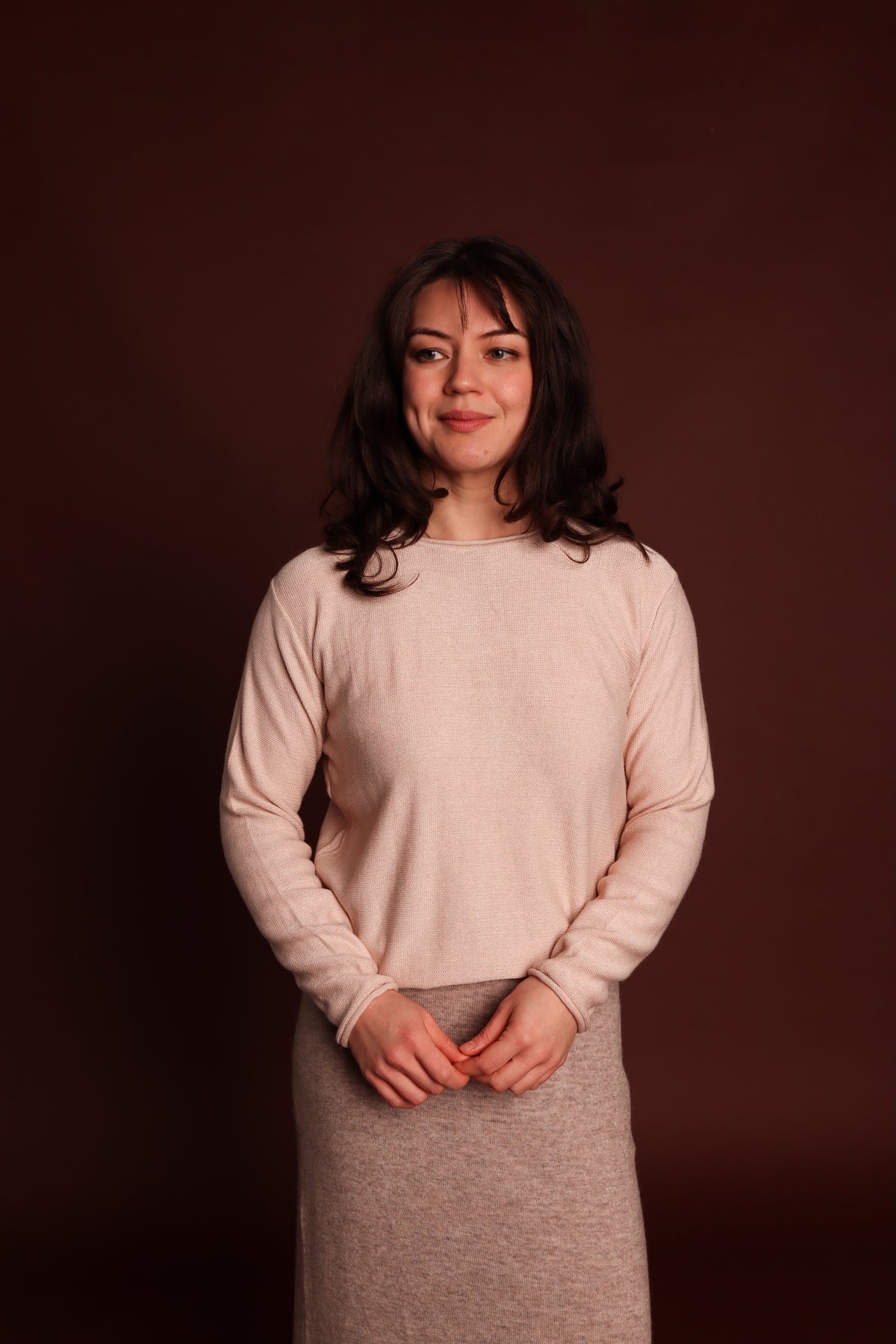 Rollo Long Sleeve Round-neck Top in Latte, front view #colour_latte