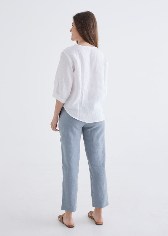 elbow length white linen top for women#colour_white