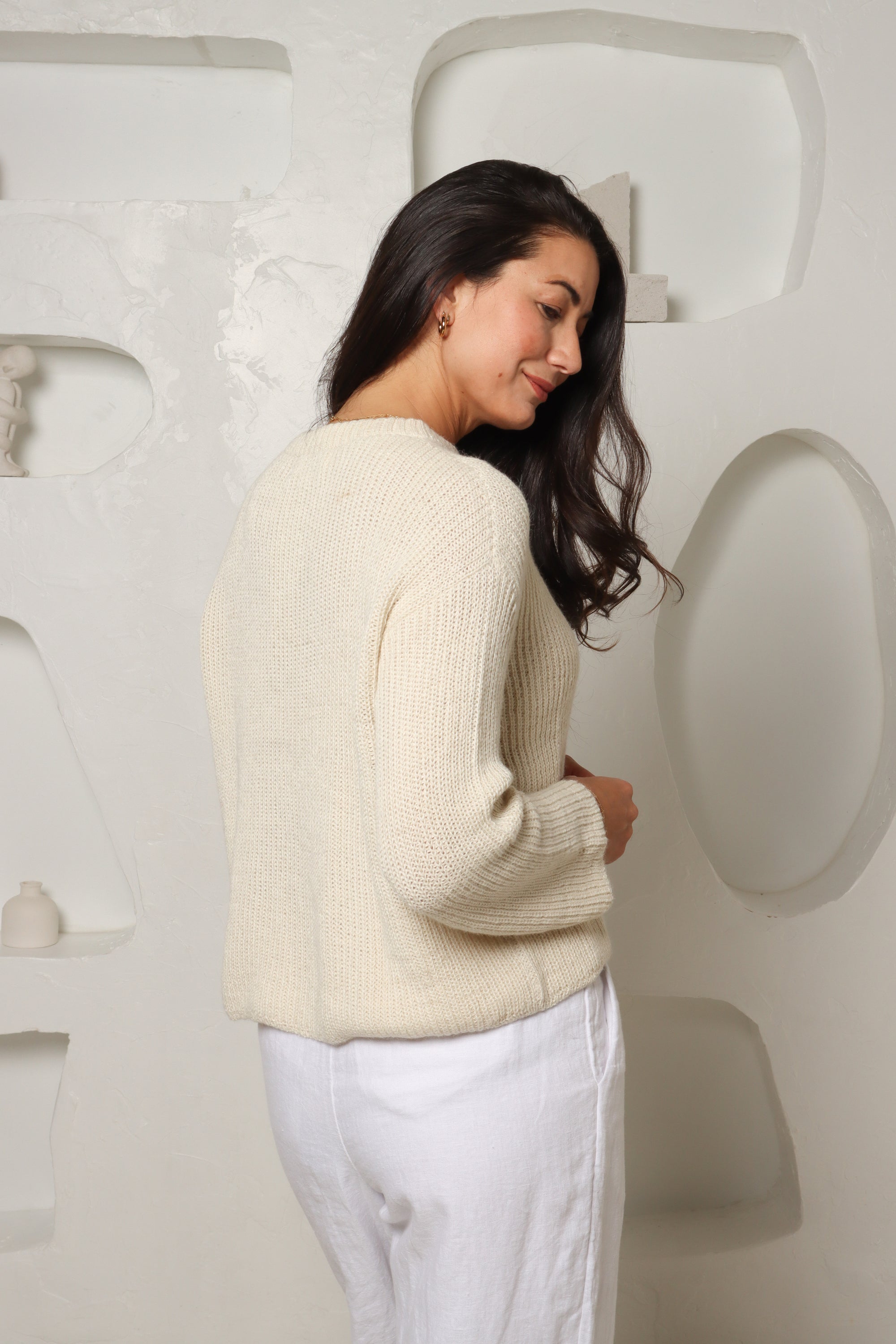 Round Neck White Baby Alpaca Jumper#colour_white