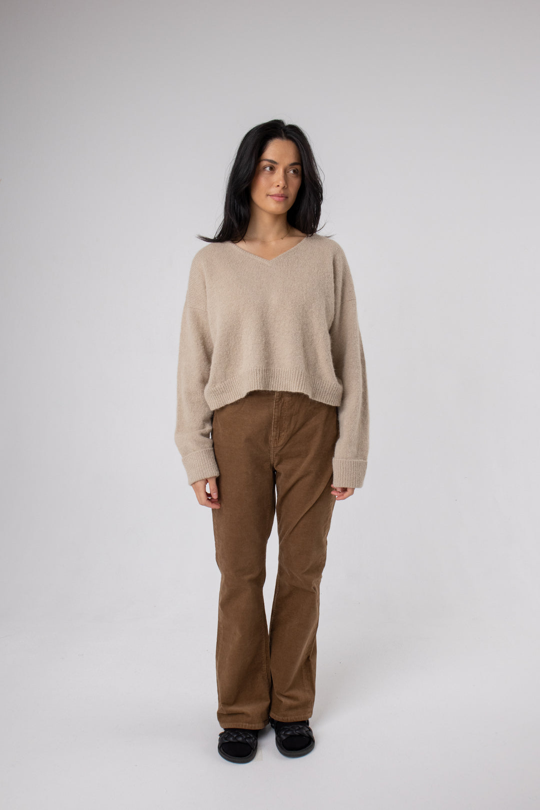 alpaca beige v neck jumper#colour_beige