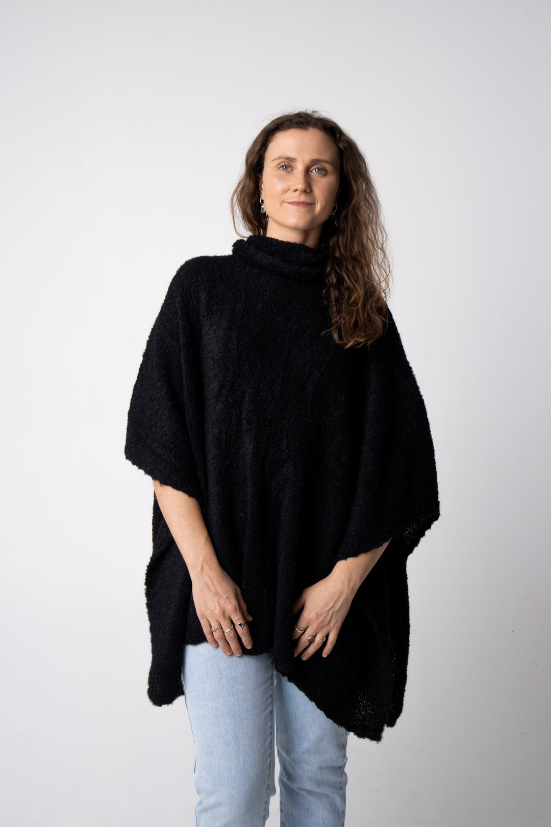 black boucle alpaca poncho melbourne#colour_black