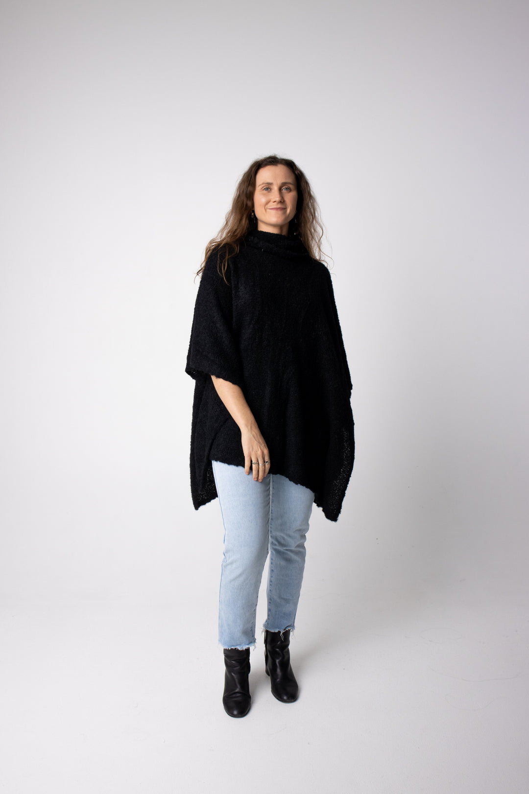 black boucle knit alpaca poncho#colour_black