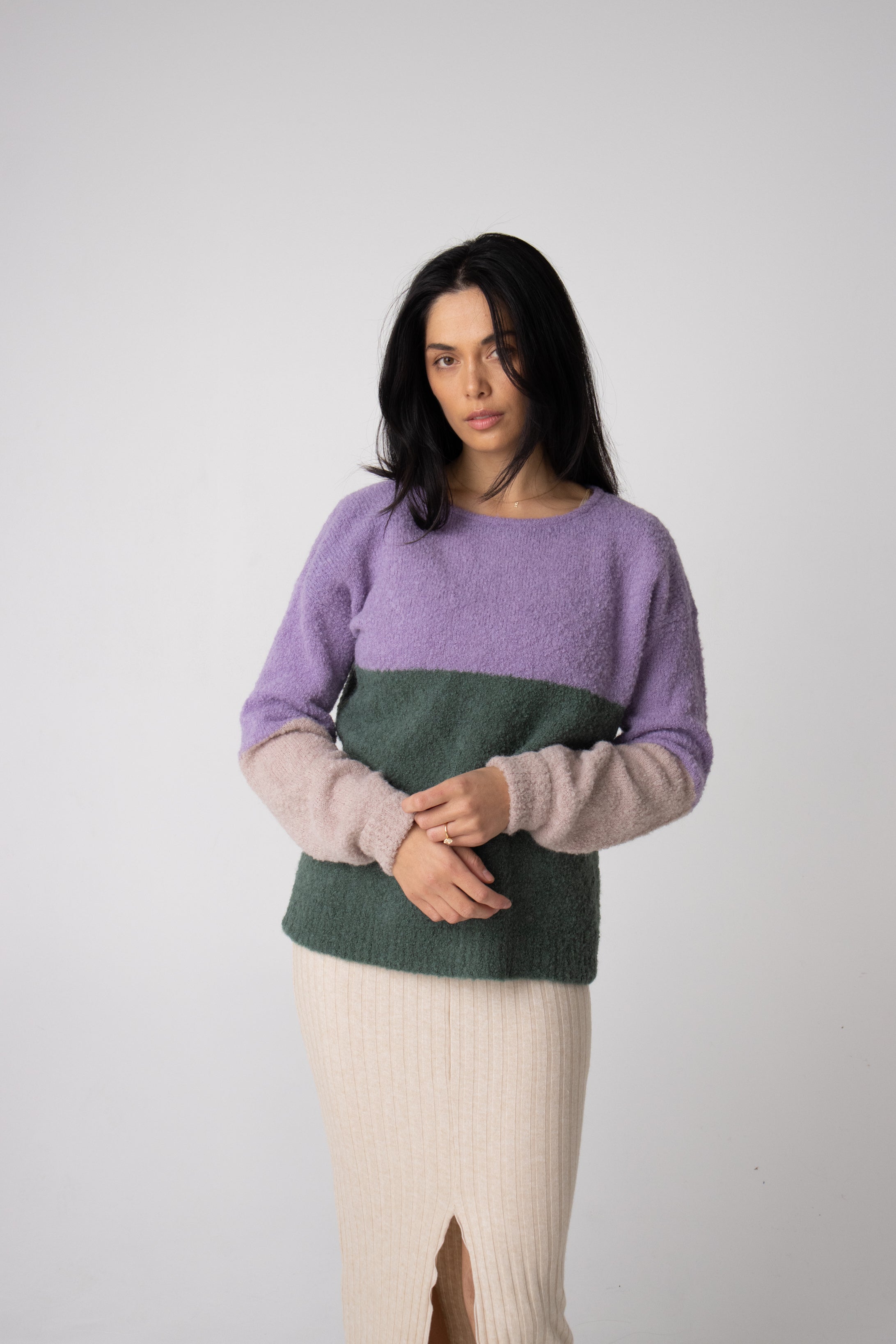 boucle round neck colour block jumper#colour_woodland-mist