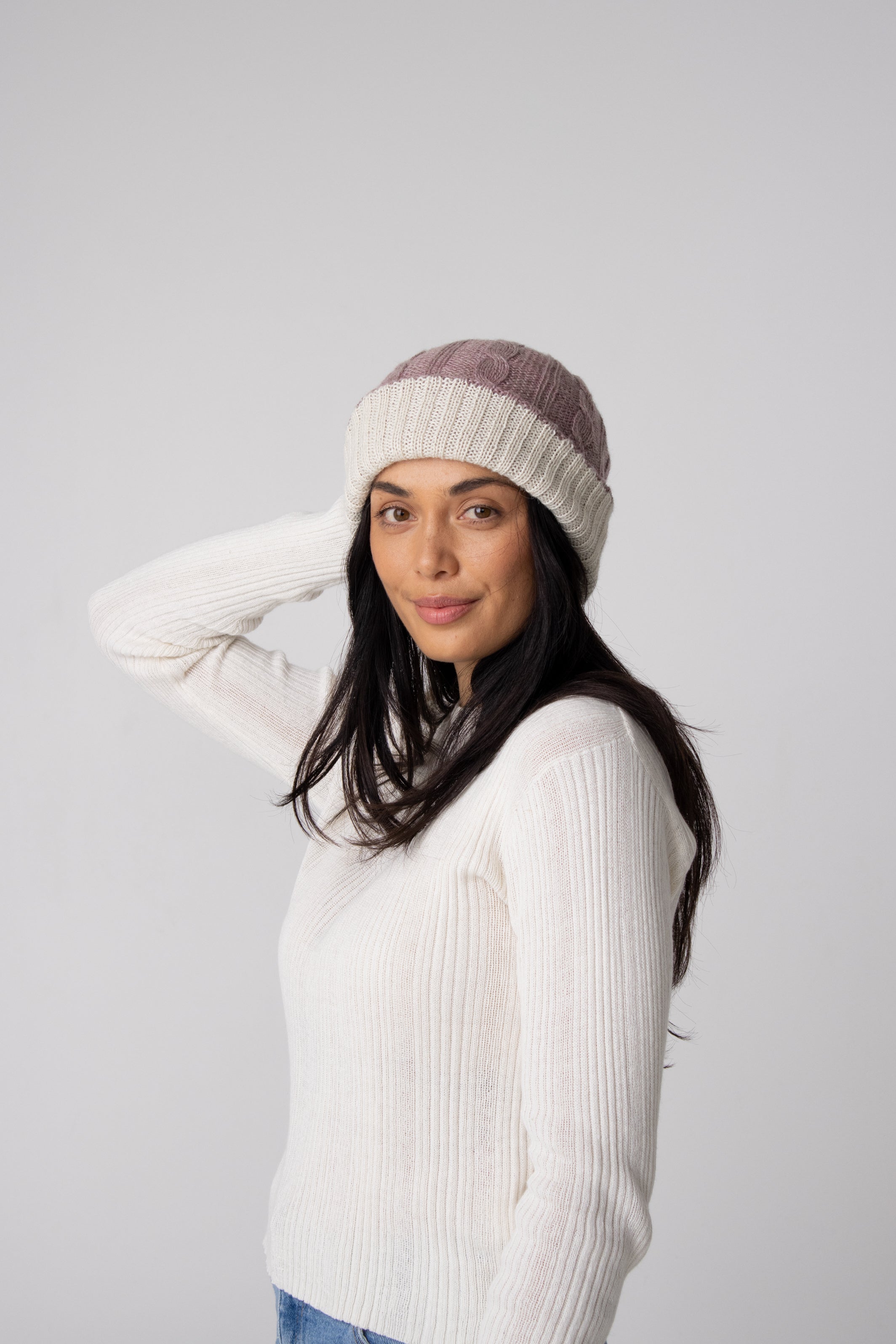 buy cable knit alpaca beanies in australia#colour_pink-and-white