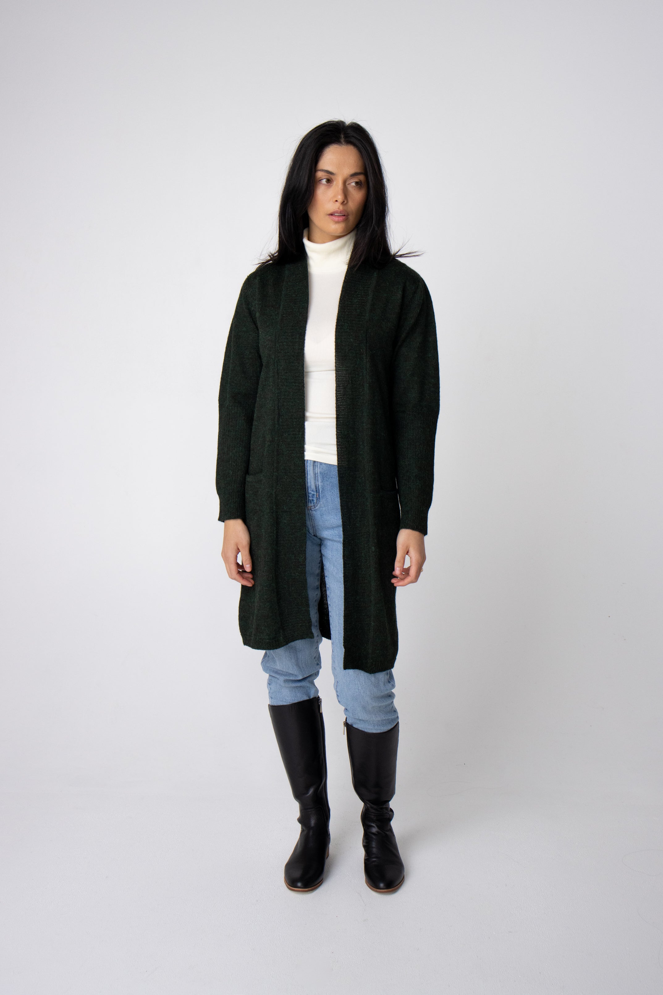 green alpaca long cardigan#colour_forest-night