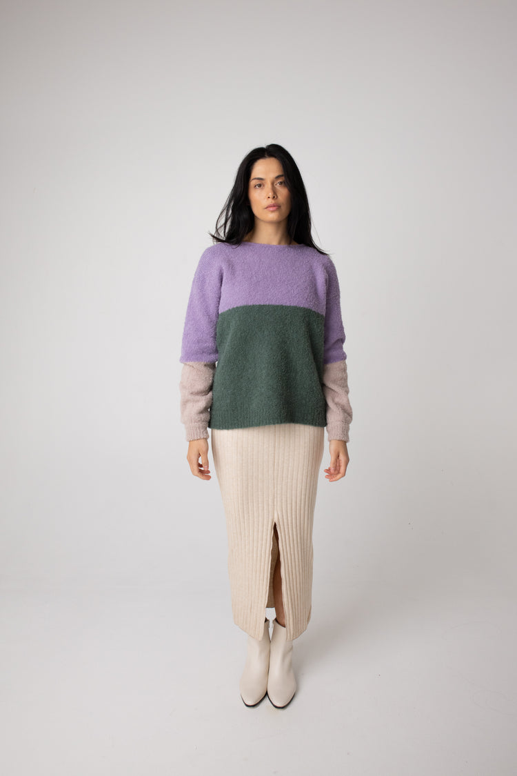 lilac and green colour block jumper#colour_woodland-mist