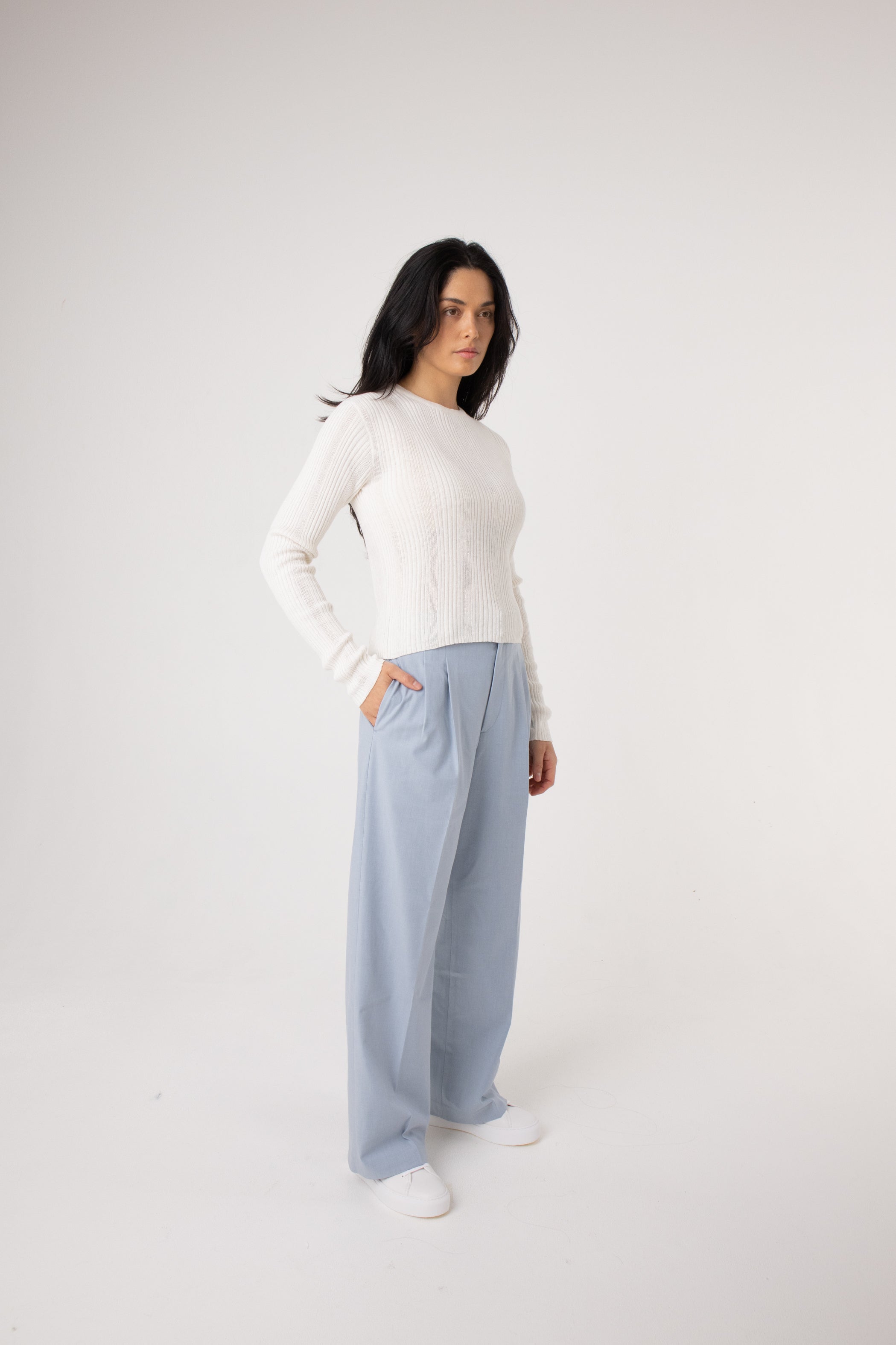 long sleeve white ribbed knit alpaca top#colour_ivory