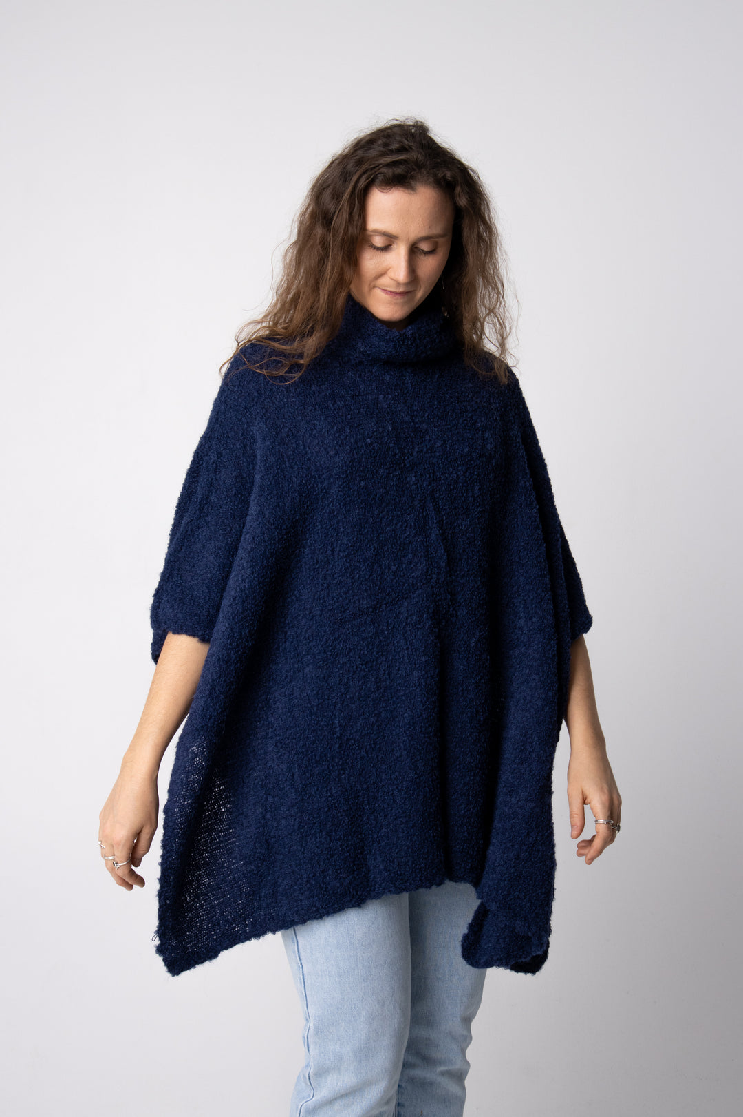 navy alpaca boucle poncho#colour_navy