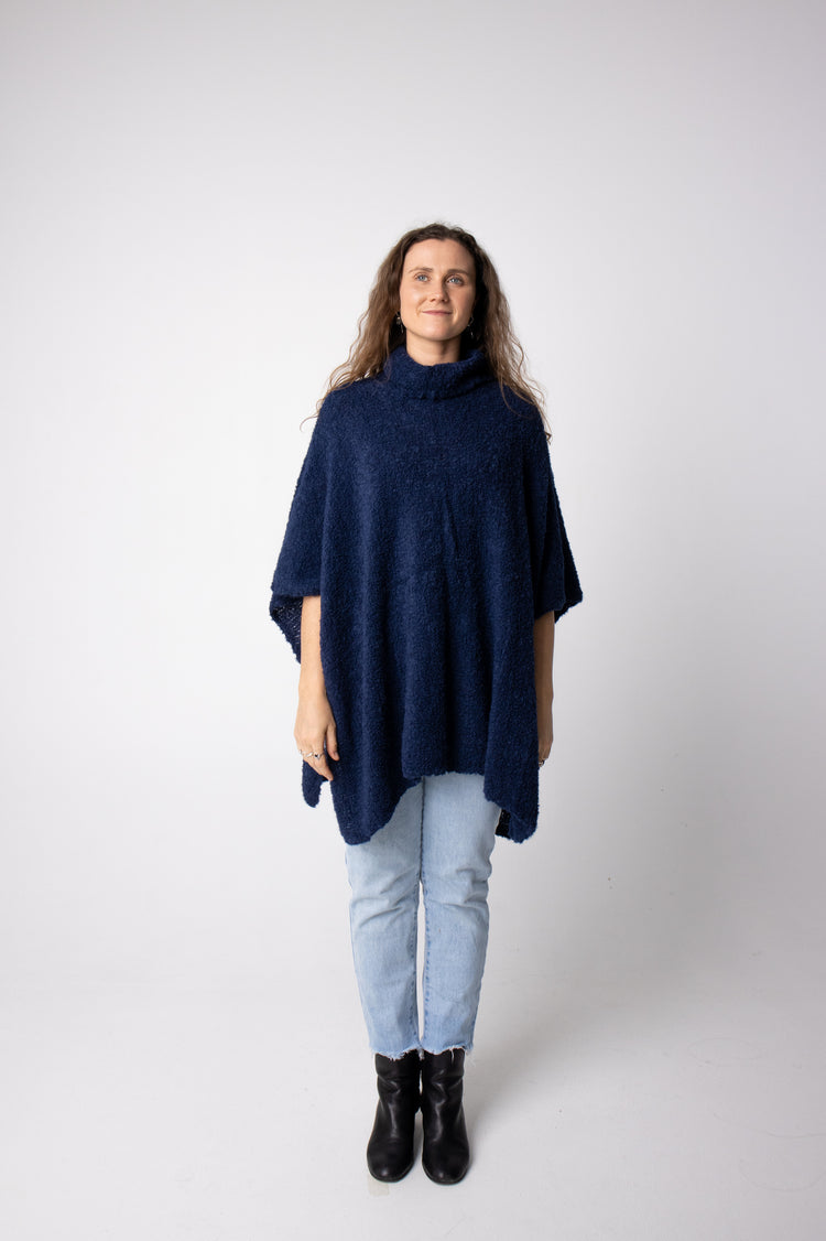 navy alpaca wool boucle poncho#colour_navy