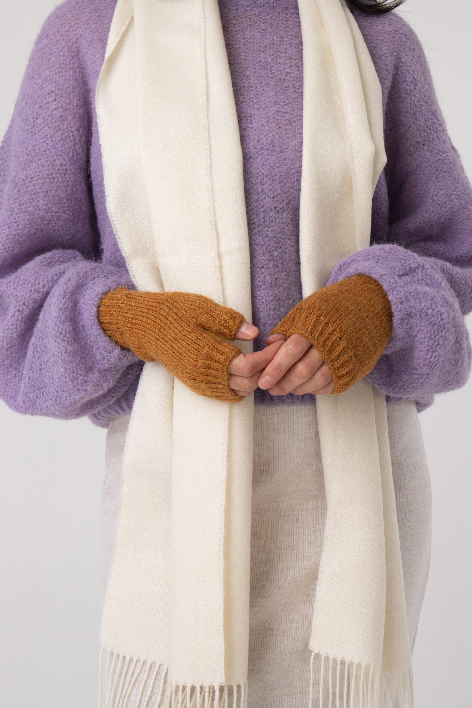 orange alpaca fingerless mittens