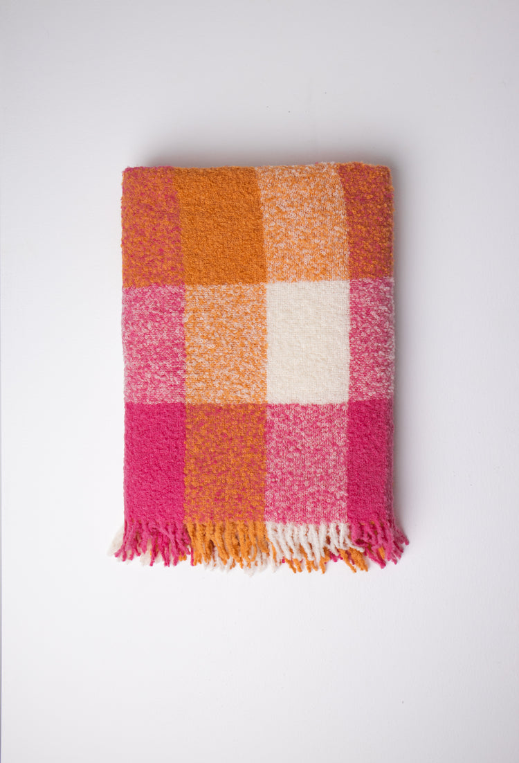 pink alpaca wool check throw#colour_sunset