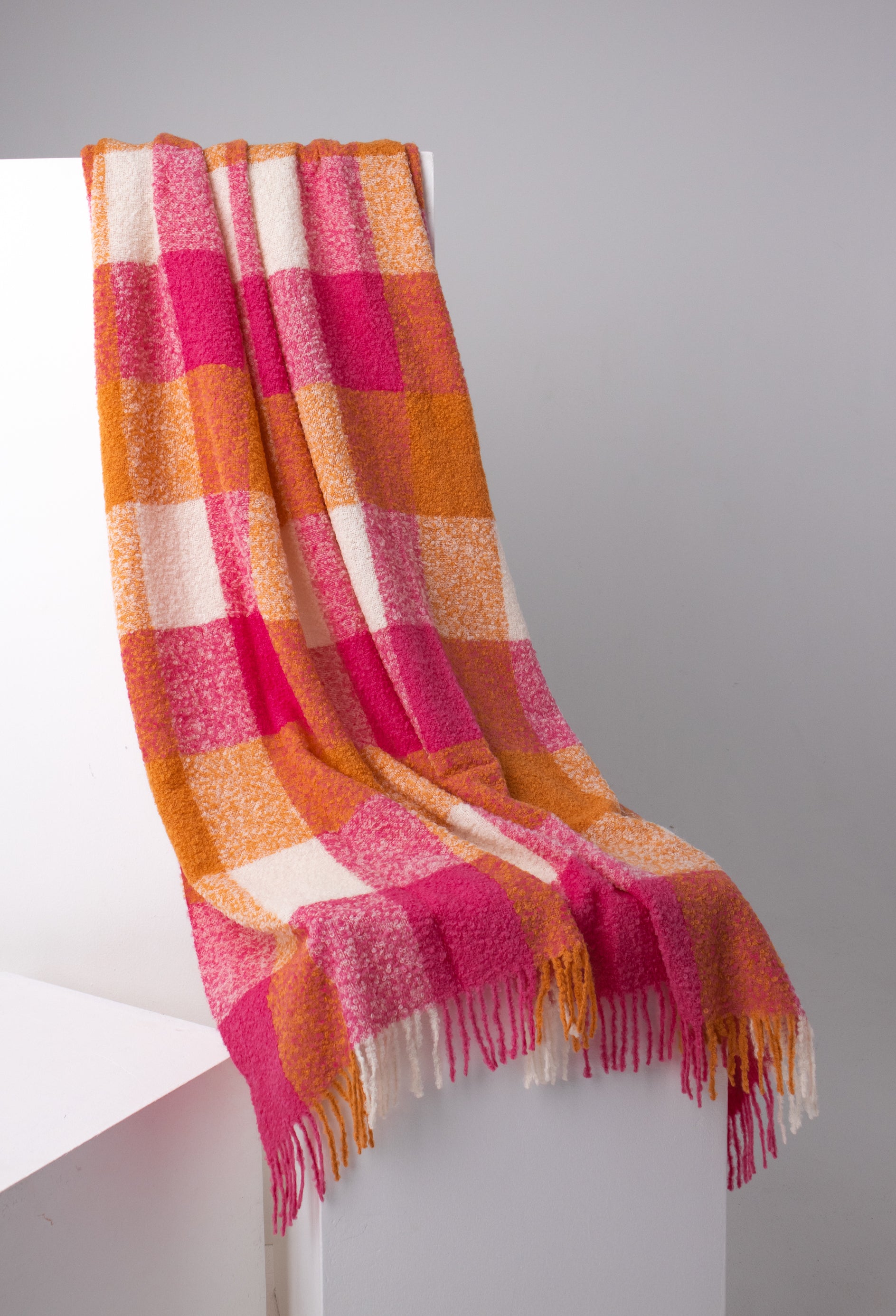 pink check wool throw#colour_sunset