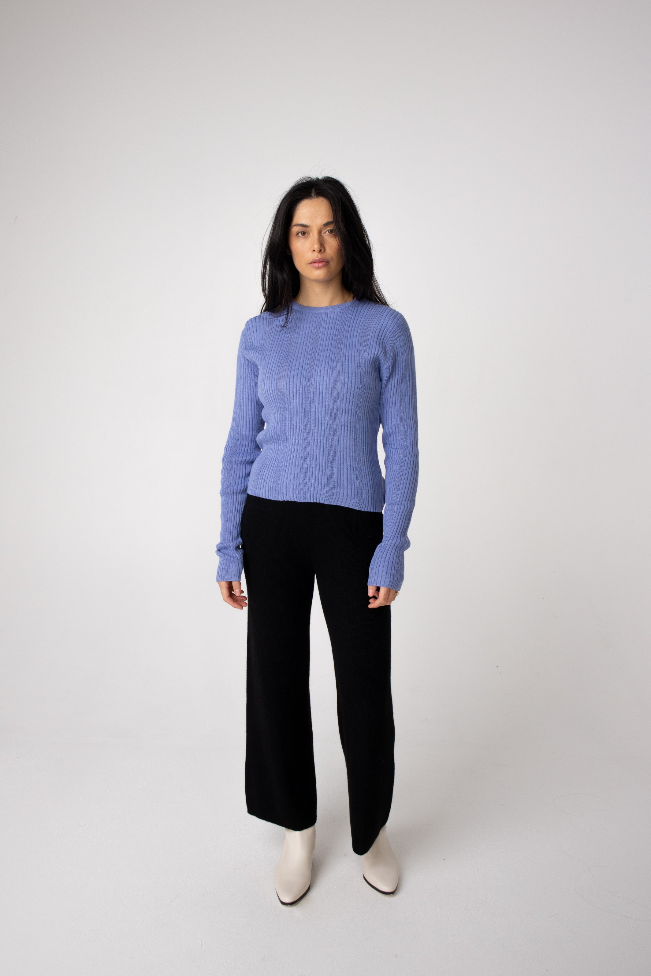 round neck blue long sleeve alpaca knit top#colour_cornflower