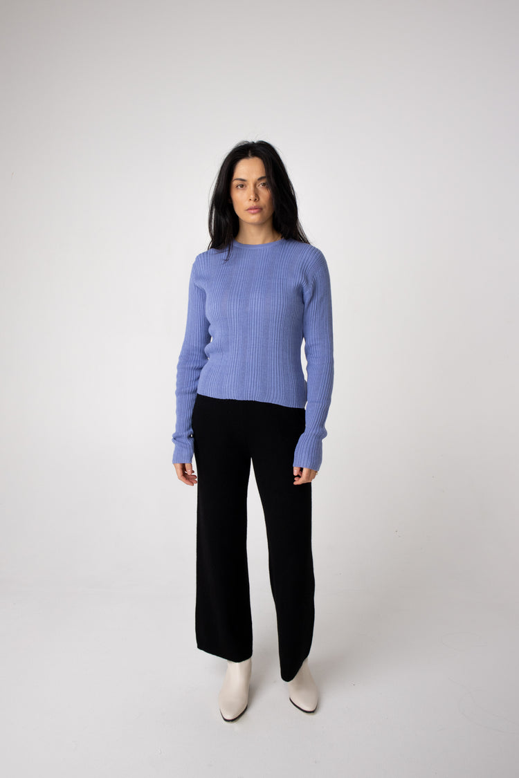 round neck blue long sleeve alpaca knit top#colour_cornflower