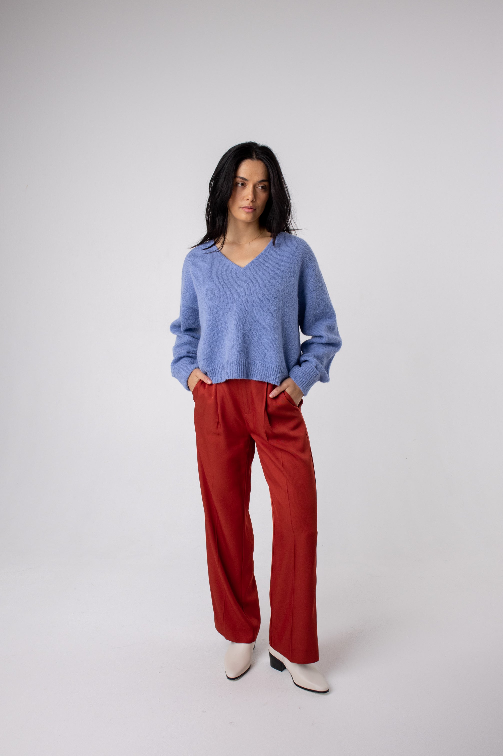 v neck natural fibre jumpers for winter#colour_cornflower